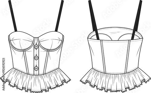 Fashion CAD Drawing Flat Vector Illustration of Women's Corset Top, Racerback Crop Tank, Bodysuits, and Handkerchief Hem Halter Dresses Technical Fashion Sketch (23 words)