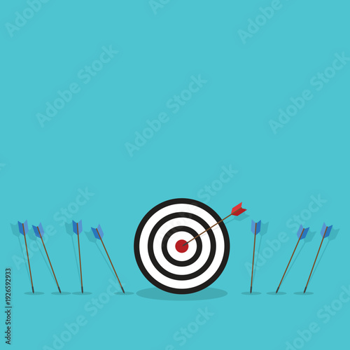 Business challenge failure and success concept. Blue arrows missed hitting target and only red one hits the center.	