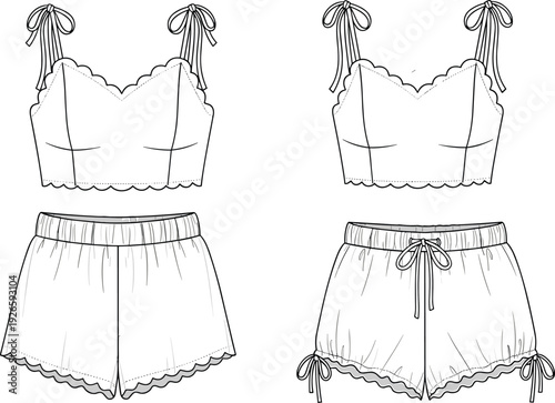 Fashion CAD Drawing Flat Vector Illustration of Women's Scalloped Edge Crop Top and Elastic Waist Shorts Loungewear Pajama Set Technical Sketch (23 words)