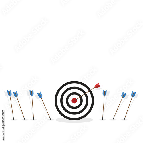 Business challenge failure and success concept. Blue arrows missed hitting target and only red one hits the center.	