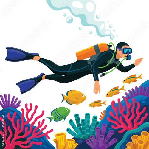 Dynamic Scuba Diver and Driving Vector Illustration.