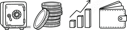 Financial icons representing savings, wealth growth, and secure transactions
