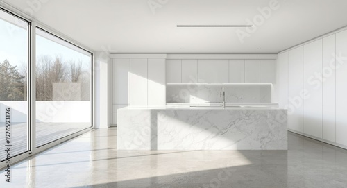 Panoramic window kitchen showcasing a white theme concrete floors and marble bar surface