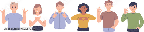"Six diverse illustrated people showing expressive positive hand gestures including peace sign, butterfly pose, thumbs up, heart, and OK symbol"