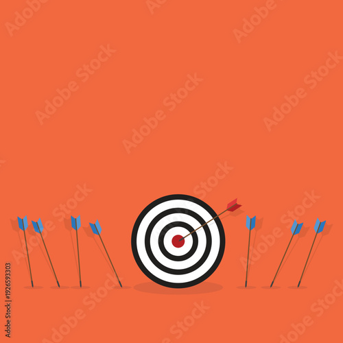 Business challenge failure and success concept. Blue arrows missed hitting target and only red one hits the center.	