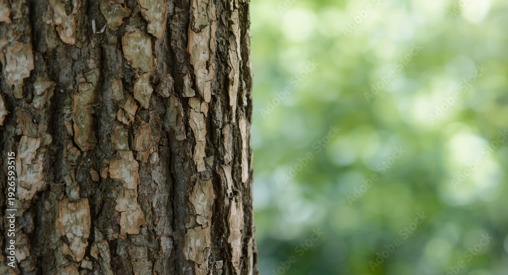 Fototapeta premium Textural detail of Paulownia tomentosa bark with a soft leafy green backdrop suitable for text overlay