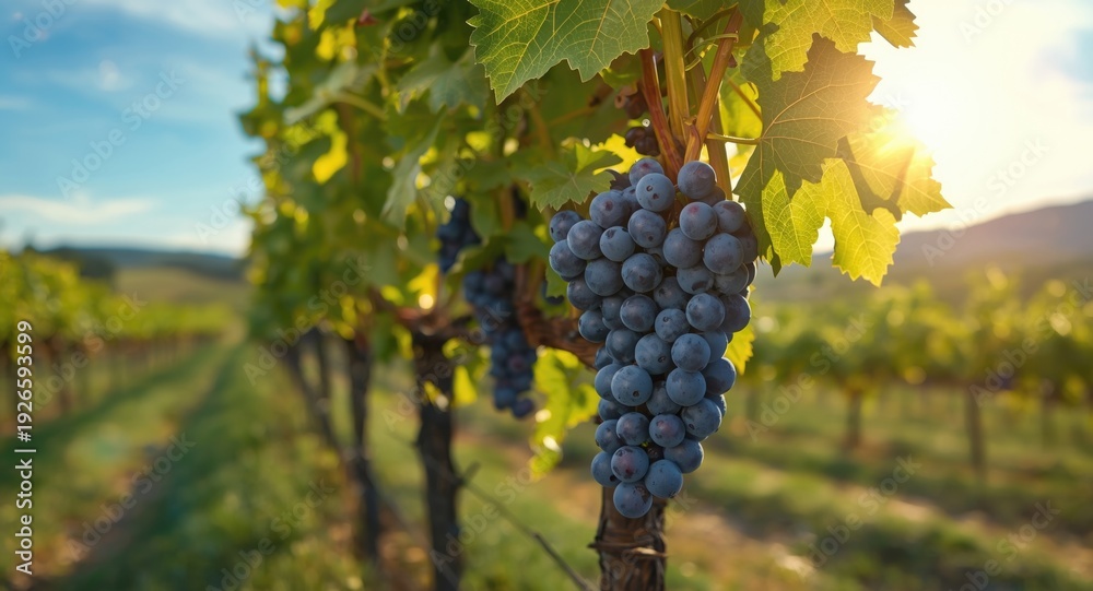 Naklejka premium Vineyard scene showing mature syrah grapes with copyspace included