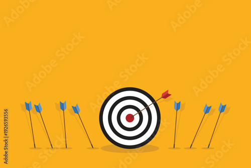 Business challenge failure and success concept. Blue arrows missed hitting target and only red one hits the center.	