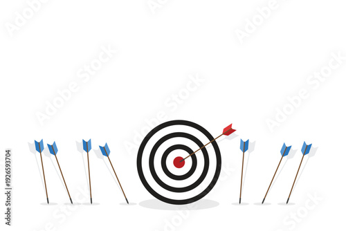 Business challenge failure and success concept. Blue arrows missed hitting target and only red one hits the center.	