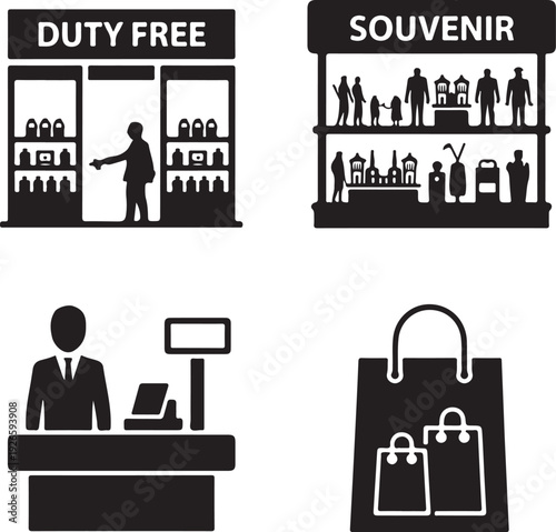 Four black retail store duty free souvenir checkout shopping bags