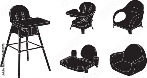 Black of five different baby chairs booster seat infant seat