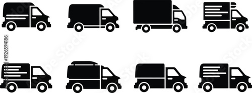 Silhouette of various delivery trucks in different orientations on white background