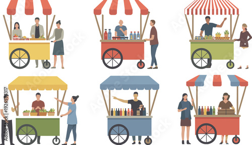 Colorful street vendor carts with canopies and customers, diverse food stalls, market scene illustration showing vendors selling drinks, produce, goods