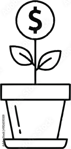 Money plant growing in pot with dollar coin flower representing financial growth and investment success for retirement