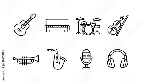 Music instruments: guitar, piano, drum, violin, trumpet, saxophone, microphone, headphones