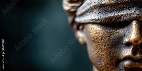 Close up bronze Lady Justice blindfolded face detail, classical symbol of law and judicial authority. Legal justice system concept representing fairness, court power and rule of law
