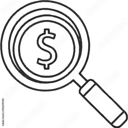 Money search outline vector icon, hand drawn doodle magnifying glass with dollar sign for financial concept