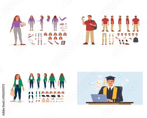 Character design sheets with multiple poses and accessories