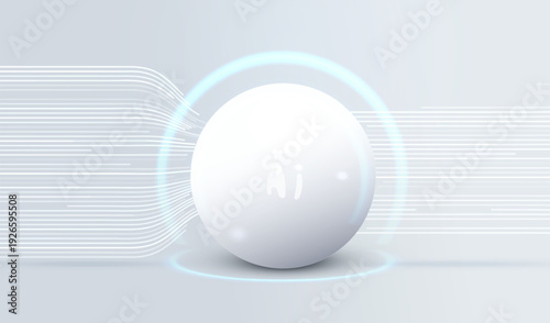 Ai technology dynamic ball. Artificial Intelligence white sphere globe with AI logo. Machine learning intelligence concept. Big data innovation technology. Electronic circle with connect white lines. 