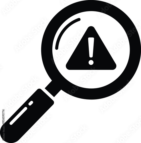 Warning sign under magnifying glass symbolizing investigation or search for caution