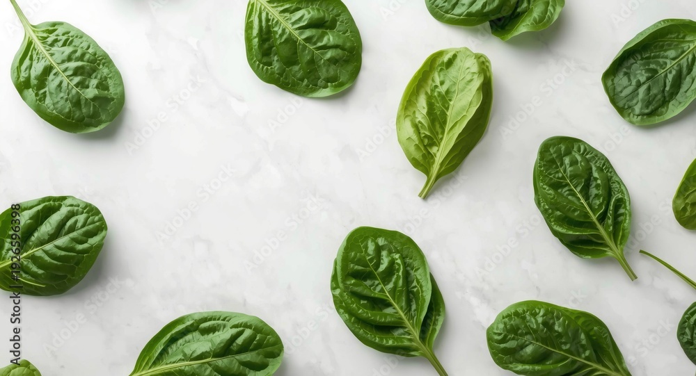 Obraz premium Freshly picked spinach leaves placed on a clean white surface