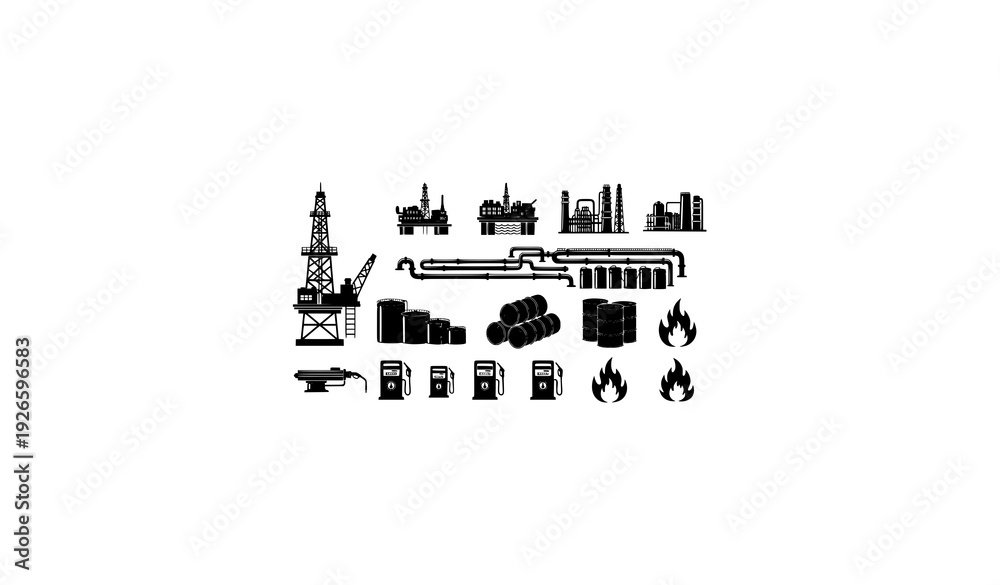 Naklejka premium Oil and Gas Industry Icons – Black Vector Silhouettes