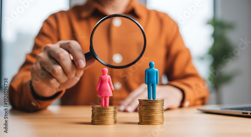 Business people figures on coins with magnifying glass