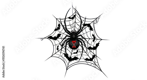 Black Widow Spider on Cobweb with Bats - Halloween Illustration