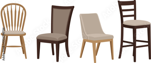 Wooden cushioned chair set, barstool ladder back design, modern light angled legs, classic rounded slats, interior furniture comparison illustration