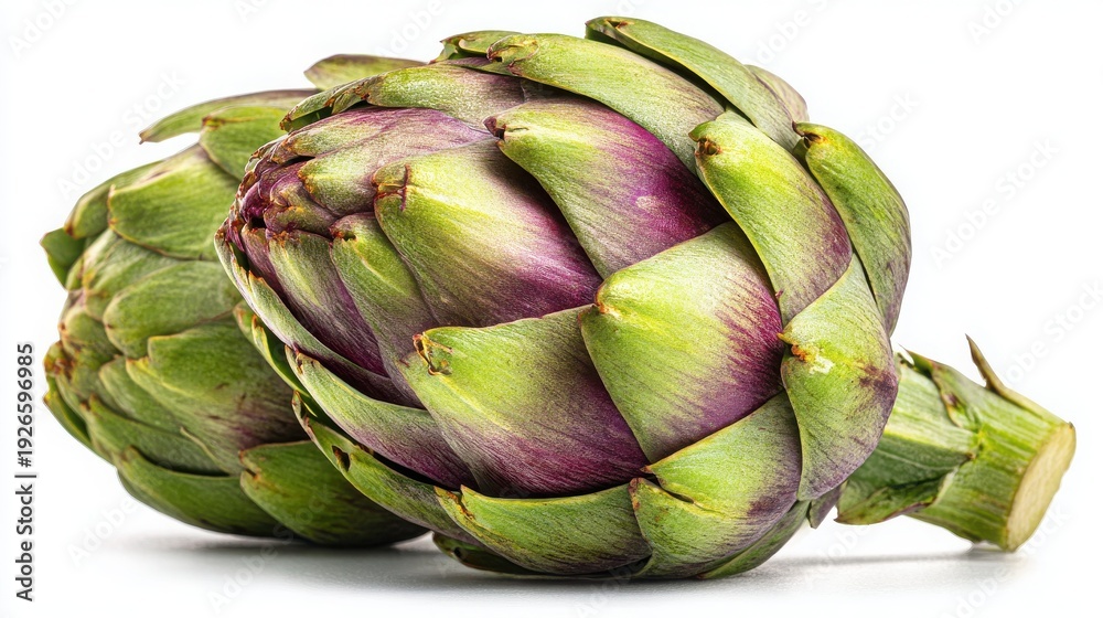 Obraz premium Fresh Green Artichokes with Purple Hues on White Background, Perfect for Culinary Uses and Food Photography