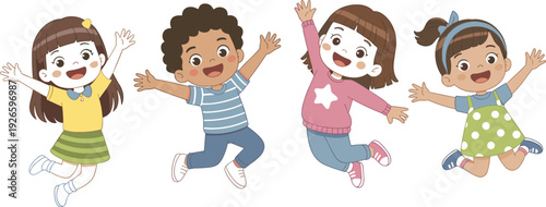 Cartoon children jumping joyfully with raised arms, happy kids illustration showing celebration, playful childhood fun, colorful design, cheerful artwork