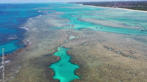Amazing view of dozens of small boats in the natural pools among the coral reefs of Milagres beach near Maceio city, coast of Brazil 