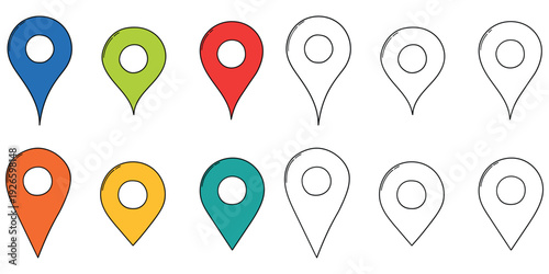 Hand-drawn cartoon and doodle set of map pin icons on a white background.
