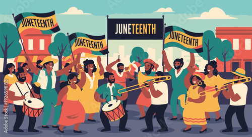 Vibrant Juneteenth celebration illustration featuring diverse crowd marching with banners and musical instruments through city streets