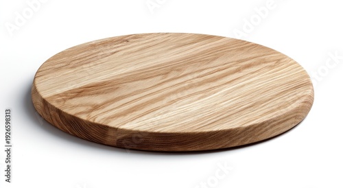 Close-up of a circular wooden cutting board, with wood grain details against a white background