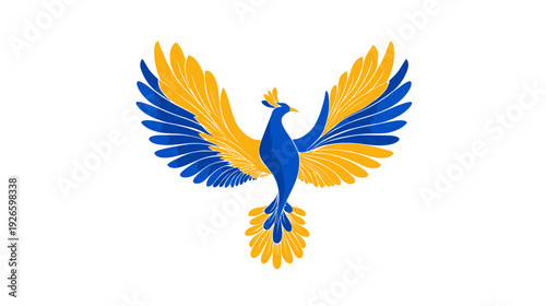 Colorful stylized illustration of a bird with raised wings in flight, featuring blue and gold hues