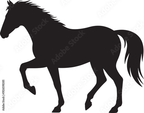 Black silhouette of a horse with a flowing mane and tail in a walking pose animal