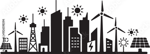 Black and white cityscape with renewable energy sources and solar panels