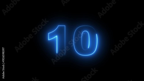 Abstract glowing neon text 10 number countdown icon. Glowing sign on black background Neon 