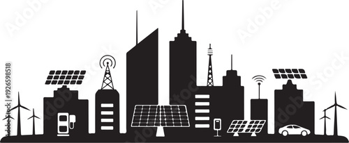 Black and white cityscape with renewable energy sources and technology