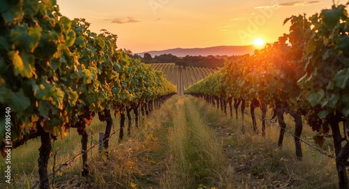 Idyllic vineyard landscape with fruitful grapevines and a soft sunset ambiance