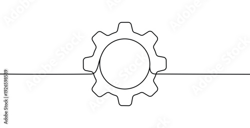Simple black and white cog icon symbolizing machinery and mechanical engineering in a minimalist design concept illustration