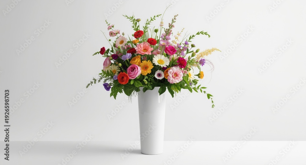 Obraz premium Tall white vase presenting a vibrant floral arrangement on a clean and bright white background