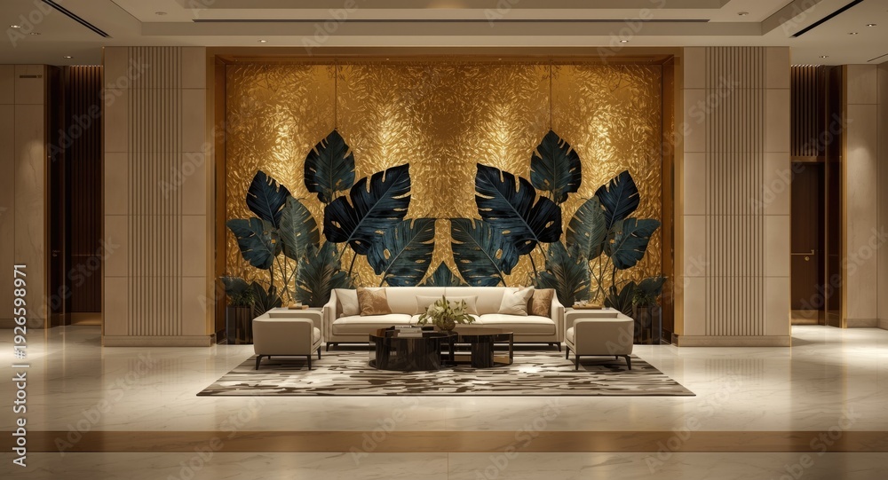 Fototapeta premium Warm cinematic luxury hotel lobby with shiny textured gold wallpaper adorned with tropical leaves in abstract black and blue green colors