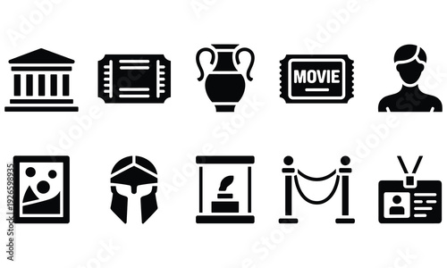Collection of black vector icons representing arts and culture on a white background including symbols for film and theater events.