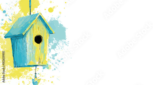 A whimsical painting features a birdhouse with splashes of turquoise and yellow watercolor