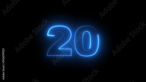 Abstract glowing neon text 20 number countdown icon. Glowing sign on black background Neon number 10090 with alpha channel, simple blue neon color