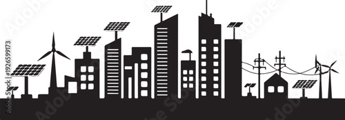 Black and white cityscape with solar panels and wind turbines