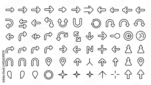 Collection of diverse black and white arrow icons and symbols, including straight, curved, and directional pointers, perfect for web design, user interface elements, and navigation graphics.
