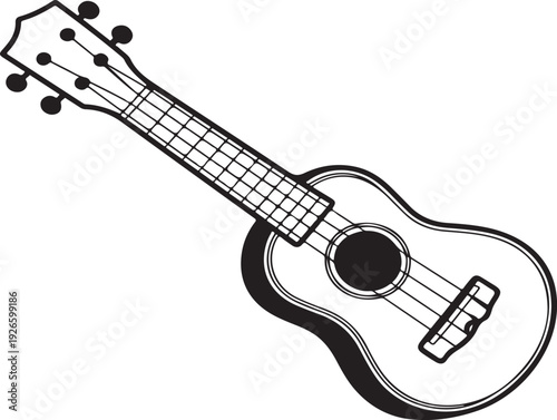Black and white line of a ukulele with four strings and tuning pegs musical instrument